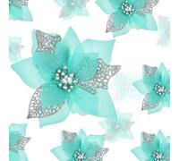 Boao Lot de 24 Fleurs de Poinsettia artificielles à Paillettes pour Mariage, Sapin de Noël, Nouvel an (Bleu Vert)