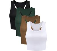 BOAO Lot de 4 débardeurs Courts Basiques sans Manches Dos Nageur pour Femme, Vert foncé, Noir, Blanc, Chocolat, Taille S