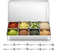 Boao Récipient à condiments à 8 compartiments en acier inoxydable 304 avec couvercles, cuillères, 44,5 x 29,5 x 6,6 cm, mini poêles à yakumi japonaises pour sauces et vinaigrettes, stockage pour