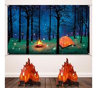 BOAO Toile de Fond de Camping Scène Forêt Fond de Photographie de Camping Toile de Fond de Camping Photo et 2 Sets Feu de Camp en Carton Décoratif 3D Feu Artificiel Pièce Maîtresse à Thème Camping