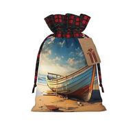 Boat On The Beach Sac fourre-tout de Noël avec cordon de serrage 21,1 x 30 cm, sac robuste pour cadeaux et essentiels quotidiens