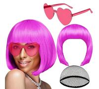 Bob Perruque Rose Femme,Bob Court Avec Frange,Perruque Partyrama,Perruques de Fête et Ensemble de Lunettes Soleil,pour Carnaval,Soirée Déguisée,Costume,Cosplay,Disco