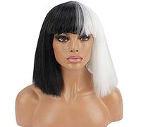 Bob perruques courtes droites noires et blanches noires noires synthétiques résistant aux fibres de fibre de la chaleur Perruques de cosplay pour femmes 18 pouces chenghuax