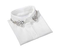 bobeini Dames Dames Goutte d'eau Imitation Cristal Mousseline de Soie Faux col Bijoux Strass Revers détachable boutonné Demi-Chemise Chemisier Blanc