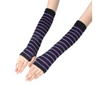 bobeini Femmes Filles tricoté sans Doigts Longs Gants rayé imprimé sur la Longueur du coude Hiver Bras Extensible Manches Plus Chaud avec Trou pour Le Pouce Noir + Violet
