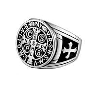 BOBIJOO Jewelry - Bague Chevalière Homme Croix Saint Benoît Protection Démon Acier Argenté Noir - 60 (9 US)