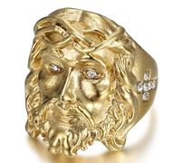 BOBIJOO Jewelry - Bague Chevalière Jésus Visage du Christ Acier Inoxydable Or Doré Plaqué Faux Diamants - 63 (10 US)