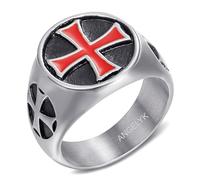 BOBIJOO Jewelry - Chevalière Homme Bague Templier Ordre du Temple Acier Inoxydable Argent Croix Rouge - 71 (13 US)