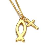 BOBIJOO Jewelry - Pendentif Ensemble Croix et Ichthus Poisson Jesus Acier Or Collier Chaîne Gispy Baptême