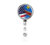 Bobine de porte-badge en métal robuste avec drapeau américain et de la République démocratique du Congo, porte-badge rétractable avec clip de ceinture pour porte-cartes de visite