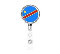 Bobine de porte-badge en métal robuste avec drapeau de la République démocratique du Congo, porte-badge rétractable avec clip de ceinture pour porte-cartes de visite