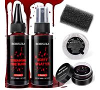 BOBISUKA Kit De Faux Sang Pour Halloween (5pcs) - Sang Qui Coule, Sang En Spray, Sang Coagulé, Savon Nettoyant, Éponge À Picots, Faux Sang Réaliste Adapté Aux Zombies, Vampires Et Jeux De Rôle