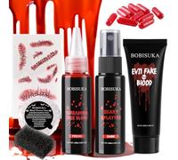 BOBISUKA Kit de maquillage pour Halloween - Spray foncé lavable + gouttes fraîches + gel épais de sang, capsule de sang, éponge et savon, tatouage réaliste pour vêtements SFX Zombie Clown Mouth