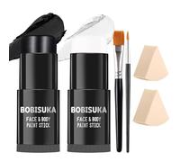 BOBISUKA Kit de peinture noire et blanche - 2 bâtons de peinture pour le visage et le corps avec 2 pinceaux et 2 éponges - Kit de maquillage d'Halloween pour squelette de clown - Cosplay - Effets