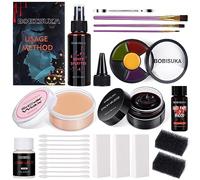 BOBISUKA Set de Maquillage Halloween: 3 Faux sang+1 Latex Liquide+1 Peinture Visage+1 Cire Fausse Cicatrice+5 Eponges+10 Cotons Tiges+3 Pinceaux+1 Spatule à Maquillage+Mode d'emploi