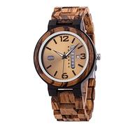 BOBO BIRD Montre à quartz multifonction pour homme avec affichage de la semaine et de la date - En bois zébré - Léger - Fait à la main - Style décontracté - Avec boîte cadeau, Cadran jaune