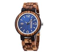 BOBO BIRD Montre à quartz multifonction pour homme avec affichage de la semaine et de la date - En bois zébré - Léger - Fait à la main - Style décontracté - Avec boîte cadeau, Cadran bleu.