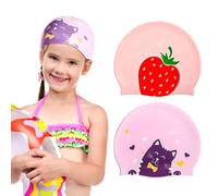 BOBOPACK 2 Pièces Bonnet Bain Enfant, Chat Rose + Fraise Rose, Bonnet de Bain Fille, Conçu pour Le Confort et la Durabilité, pour Les Jeunes Nageurs 6 à 14 Ans