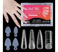 BOBOPACK Lot de 144 faux ongles en acrylique - 4 designs - Transparent - Avec 48 autocollants - Convient pour la manucure française (96 moules et 48 patchs)