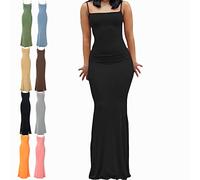 BOBT Bodycon Dress Long, Robe Moulante Longue Femme, Jupe Longue Bretelles, Womens Summer Bodycon Maxi Dresses Low-Cut Sleeveless Spaghetti Strap Cami Casual Long Dress