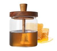 Bocal à miel, récipient de rangement en verre de 500 ml avec couvercle en bois, compact de 9,9 x 13,9 cm et bouteille avec cuillère incluse, pot hermétique pour sirop, confiture, thé et édulcorant