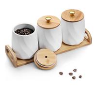Bocal alimentaire en céramique blanche de 77 ml pour thé, sucre ou café, couvercle en bois avec poignée supérieure dorée, organisateur de cuisine à large ouverture pour épices et produits secs