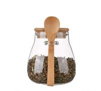 Bocal de rangement hermétique en verre de 21,6 x 16,5 cm avec couvercle en bambou et cuillère - 340,2 g - Boîtes de rangement décoratives pour cuisine, grains de café, thé, sucre, bonbons, sel de bain