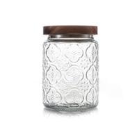 Bocal de rangement vintage en verre transparent de 700 ml avec couvercle en bois d'acacia pour cuisine, garde-manger, nourriture, café, bonbons (fleurs de bégonia)