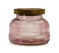 Bocal décoratif en verre rose avec couvercle hermétique en bois - 720 g - Large ouverture - Style vintage - Pour biscuits, bonbons, miel, farine, épices, café, thé, décoration d'intérieur