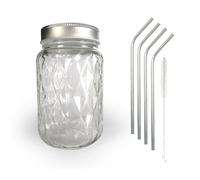Bocal Mason Jar avec couvercle 37,5 cl diamant + 4 pailles en inox Youdoit