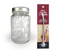 Bocal Mason Jar avec couvercle 37,5 cl diamant + paille inox avec filtre