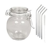 Bocal verre avec couvercle + 4 pailles en inox Youdoit