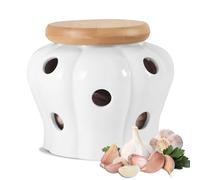 Bocaux de conservation pour ail : pot à ail en céramique avec couvercle en bambou et trous d'aération, respirant, récipient de rangement pour oignons, poivrons, oignons, gingembre