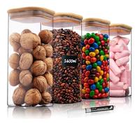 Bocaux de rangement - DECO HAUS - Lot de 4 - Verre borosilicate - Couvercles en bambou - 1600ml chacun