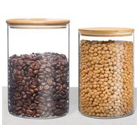 Bocaux en Verre Avec Hermétique, Bocal en Verre avec Couvercle en Bambou Lot de 2, Rond Bocaux Verre Rangement Cuisine,pour Épice,Biscuits,Riz,Grains de Café,Spaghetti et Céréales,950ml+500ml