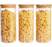 Bocaux en Verre Hermetique avec Couvercle, Lot de 3 1000ml Boîtes de Rangement en verre transparent avec couvercles, Bocal en Verre et Bambou pour biscuits, pâtes, farine, riz, thé