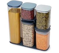 Joseph Joseph Podium Bocaux Hermétiques Lot de 5, Boîtes de Conservation des Aliments Cuisine avec Support et Couvercle, Tranparent/Bleu