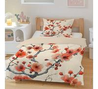 Boceoey Housse de Couette 140x200 Fleurs De Prunier Rouges Parure de Lit 1 Personne Réversible pour Lit 90x190, Imprimée Branches D’Hiver et 1 Taie d'oreiller 65x65 cm avec Fermeture Éclair, QW-404