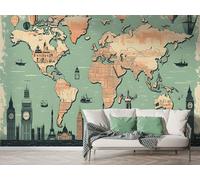 Boceoey Papier Peint Panoramique Carte Du Monde Océan 3D - Motif Montgolfière Monument - Décoration Murale pour Salon & Chambre, Intissé Autocollant Papier Mural, 450x315 cm F-334
