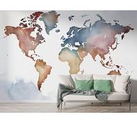 Boceoey Papier Peint Panoramique Carte Du Monde Paysage 3D - Motif Point De Repère Aquarelle - Décoration Murale pour Salon & Chambre, Intissé Autocollant Papier Mural, 250x175 cm F-273