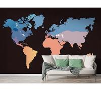 Boceoey Papier Peint Panoramique Carte Du Monde Paysage - Papier Peint Intissé Autocollant - Monument Aquarelle Décoration Murale - Adhésif Mural pour Salon Chambre, 300x210 cm - F-167