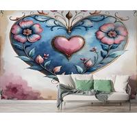 Boceoey Papier Peint Panoramique Cœur Floral 3D - Motif Aquarelle Géométrique - Décoration Murale pour Salon & Chambre, Intissé Autocollant Papier Mural, 400x280 cm M-854