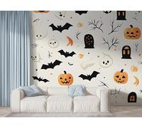 Boceoey Papier Peint Panoramique Halloween Chauve-Souris - Papier Peint Intissé Autocollant - Citrouille Pierre Tombale Décoration Murale - Adhésif Mural pour Salon Chambre, 100x70 cm - F-628