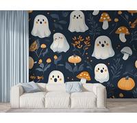 Boceoey Papier Peint Panoramique Halloween Fantôme - Papier Peint Intissé Autocollant - Forêt Botanique Champignon Décoration Murale - Adhésif Mural pour Salon Chambre, 150x100 cm - F-670