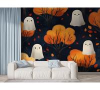 Boceoey Papier Peint Panoramique Halloween Fantôme - Papier Peint Intissé Autocollant - Forêt Botanique Décoration Murale - Adhésif Mural pour Salon Chambre, 100x70 cm - F-604