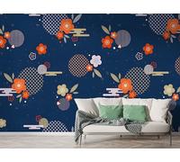 Boceoey Papier Peint Panoramique Japon Fleur - Papier Peint Intissé Autocollant - Géométrie Japonais Décoration Murale - Adhésif Mural pour Salon Chambre, 200x140 cm - M-573