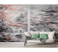 Boceoey Papier Peint Panoramique Japonais Fleurs de Cerisier 3D - Motif Japon Tour Cascade Aquarelle - Décoration Murale pour Salon & Chambre, Intissé Autocollant Papier Mural, 300x210 cm M-705