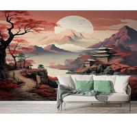Boceoey Papier Peint Panoramique Japonais Montagne 3D - Motif Japon Paysage Soleil Rouge - Décoration Murale pour Salon & Chambre, Intissé Autocollant Papier Mural, 200x140 cm M-626
