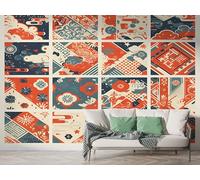 Boceoey Papier Peint Panoramique Japonais Patchwork - Papier Peint Intissé Autocollant - Japon Montagne Bleue Décoration Murale - Adhésif Mural pour Salon Chambre, 200x140 cm - M-686