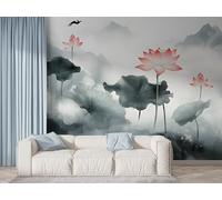 Boceoey Papier Peint Panoramique Lotus Fleur - Papier Peint Intissé Autocollant - Plantes de Bassin Nénuphar Décoration Murale - Adhésif Mural pour Salon Chambre, 300x210 cm - F-419